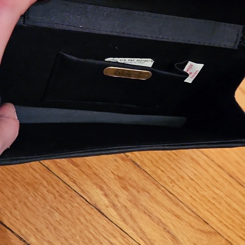 Carla Marchi Black Clutch Bag, gold & pearlescent jewel on front, snap closure